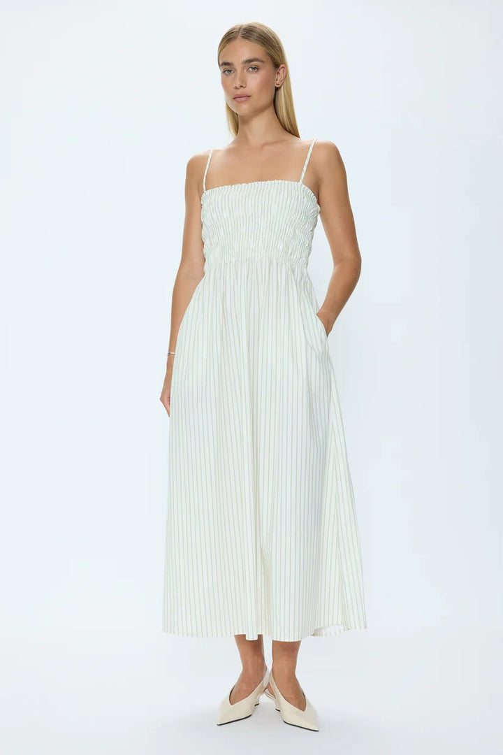Bianca Shirred Bodice Dress in Sage Egret Stripe - obligato