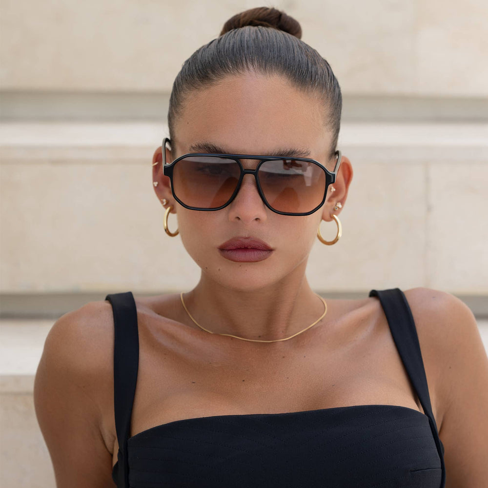 Billie ( NEW ) Unisex Aviator Sunglasses: Black / Brown - obligato