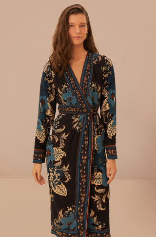 Blossom Tapestry Black Midi Wrap Dress - obligato