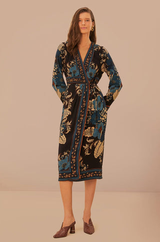 Blossom Tapestry Black Midi Wrap Dress - obligato