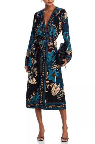 Blossom Tapestry Black Midi Wrap Dress - obligato