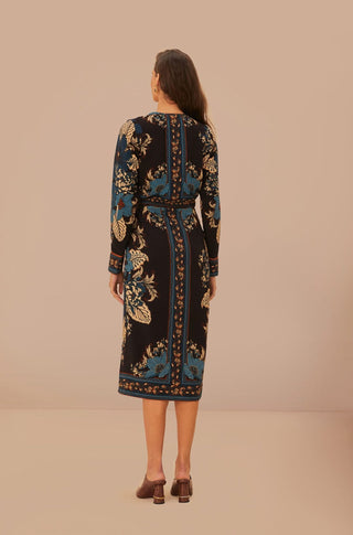 Blossom Tapestry Black Midi Wrap Dress - obligato