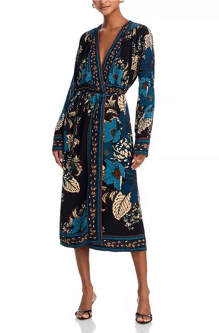 Blossom Tapestry Black Midi Wrap Dress - obligato