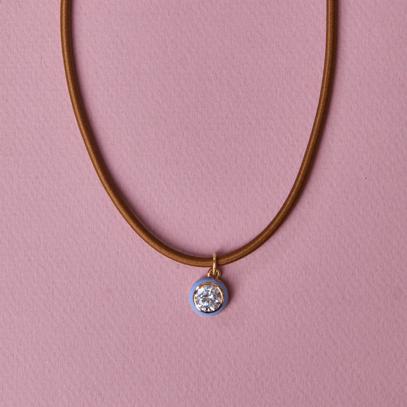 Blue Enamel Bezel Charm with Clasp Cord Necklace - obligato