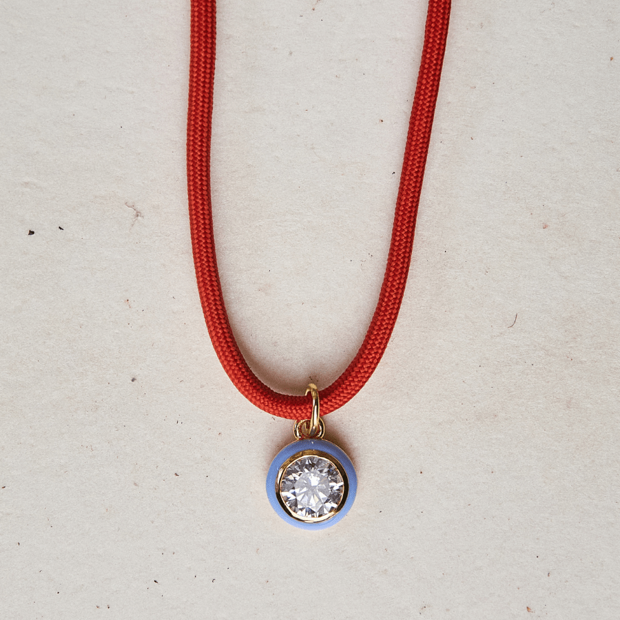 Blue Enamel Bezel Charm with Clasp Cord Necklace - obligato