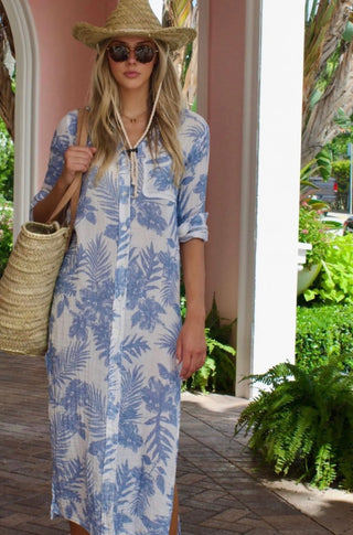 Boyfriend Maxi Dress Gauze in Sky Palm - obligato