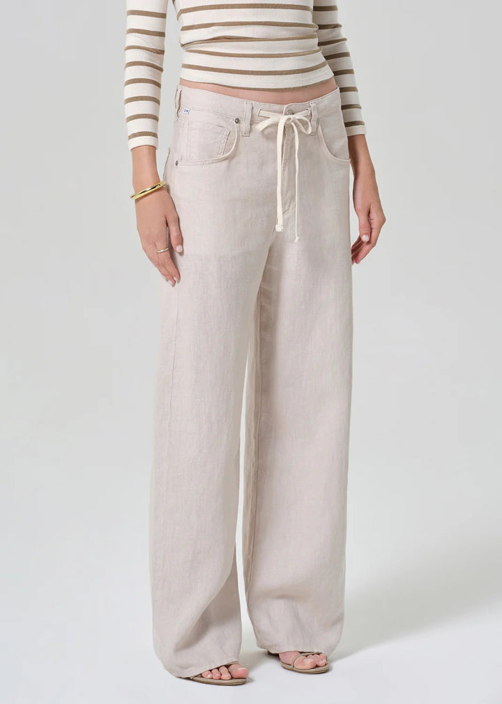 Brynn Drawstring Linen Trouser in Pale Stone - obligato