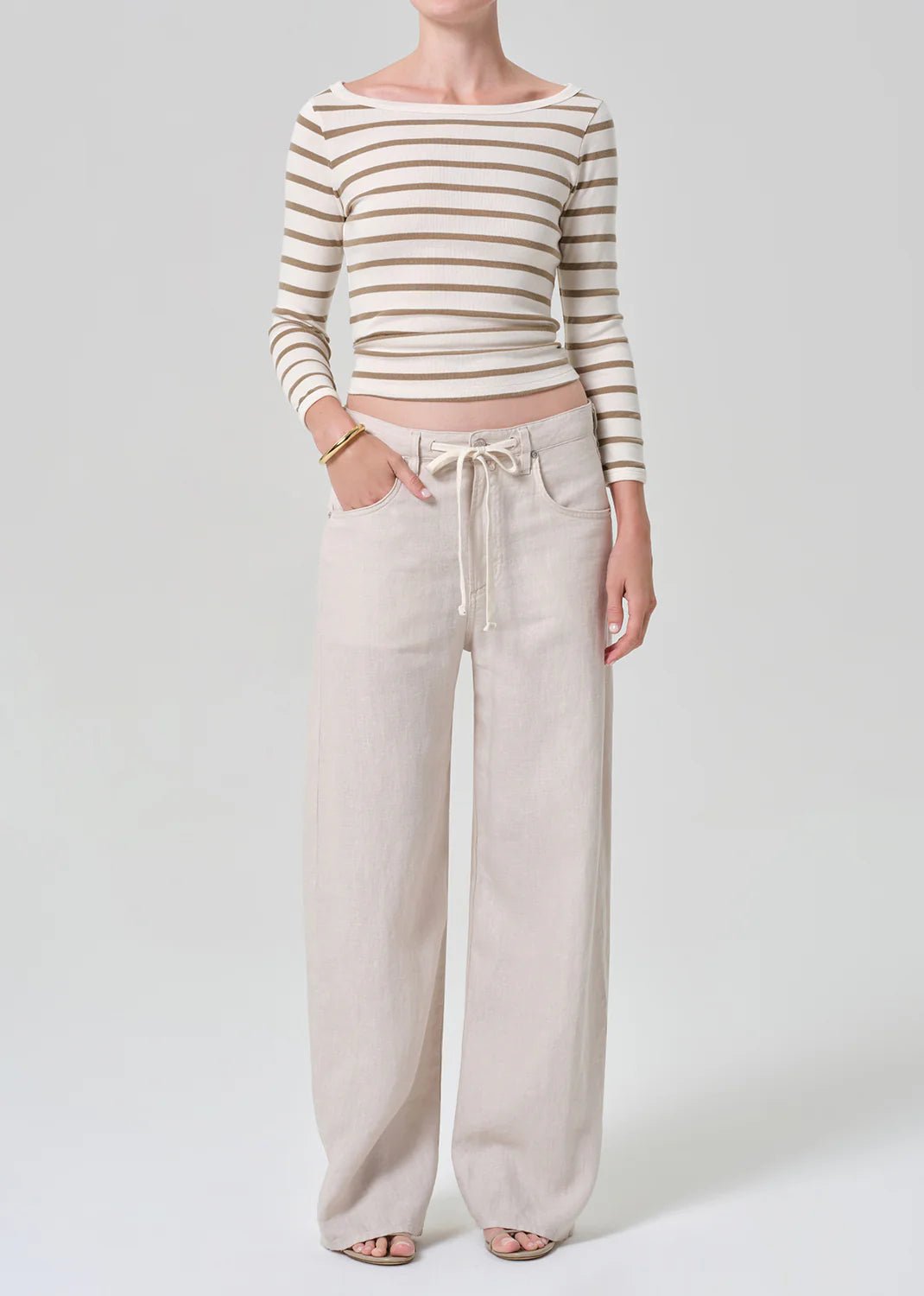 Brynn Drawstring Linen Trouser in Pale Stone - obligato