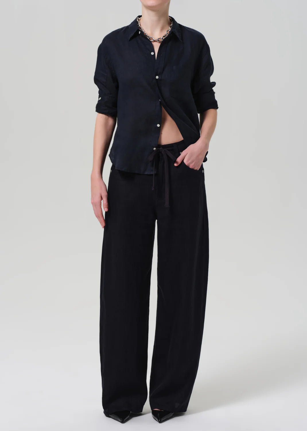 Brynn Drawstring Linen Trouser in True Navy - obligato