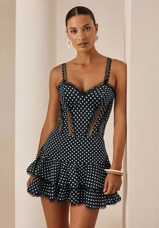 Carmen Short Dress Polkadot Black - obligato