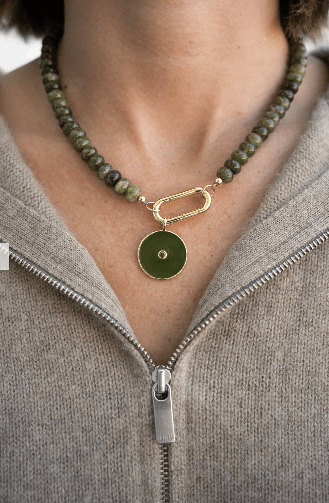 Carrie Olive Round Charm Toggle Necklace - obligato