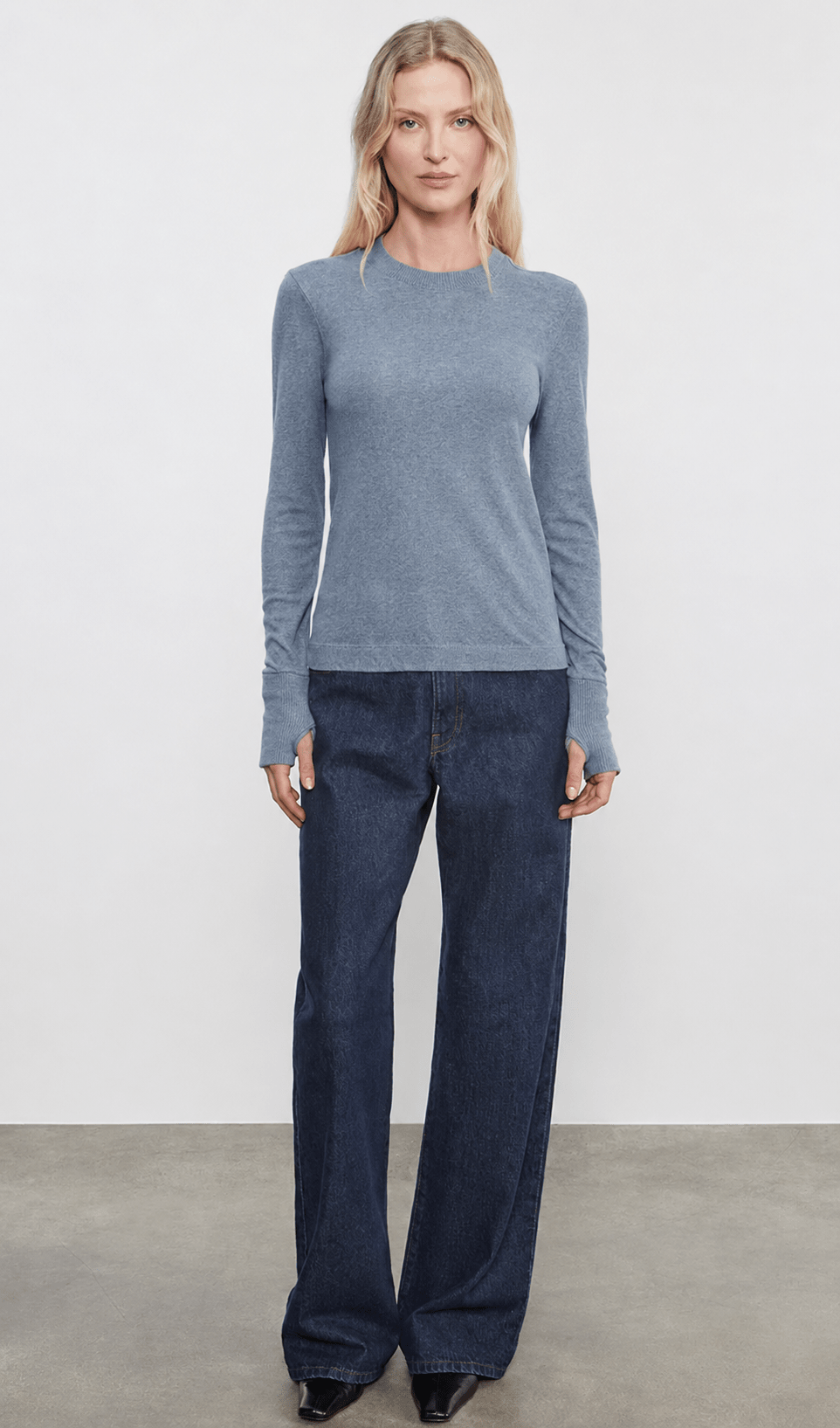 Cashmere Jersey Easy Cuffed Crew in Steel Blue - obligato