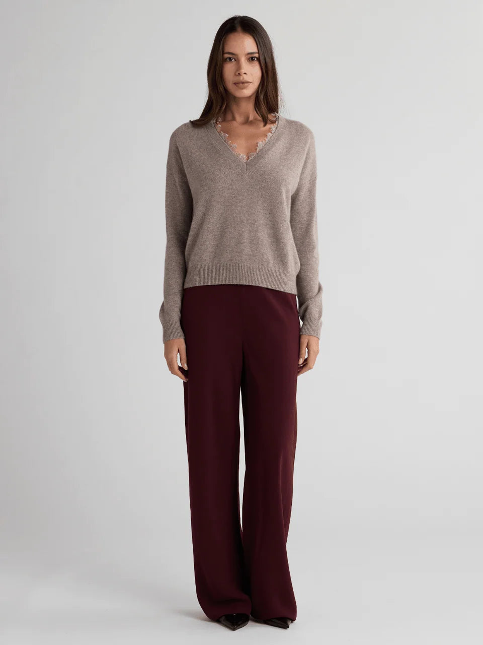 CIEL V Neck Sweater With Lace Trim in Stone