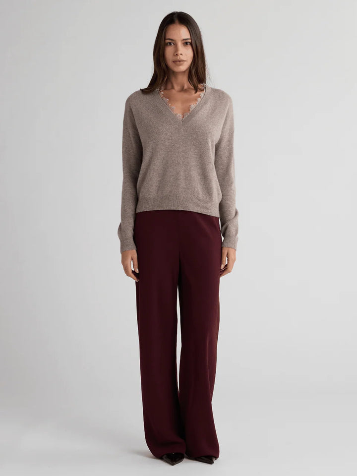 CIEL V Neck Sweater With Lace Trim in Stone