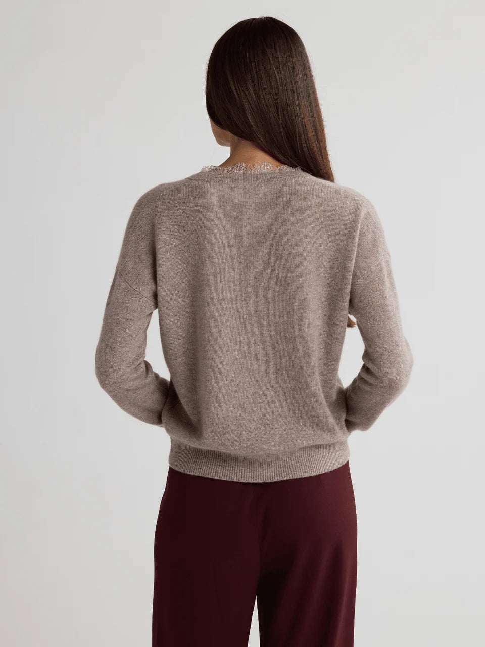 CIEL V Neck Sweater With Lace Trim in Stone