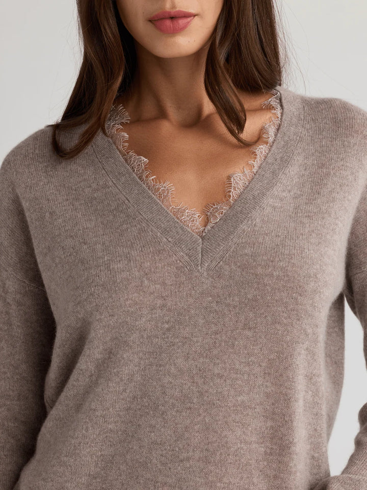 CIEL V Neck Sweater With Lace Trim in Stone
