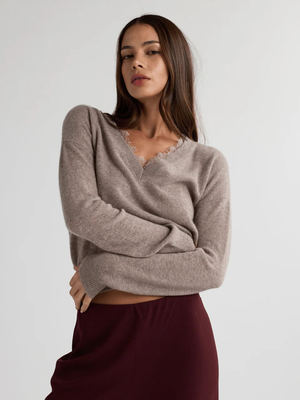 CIEL V Neck Sweater With Lace Trim in Stone