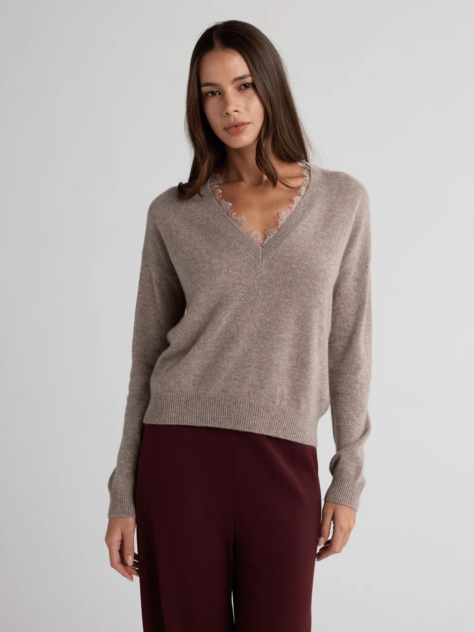CIEL V Neck Sweater With Lace Trim in Stone