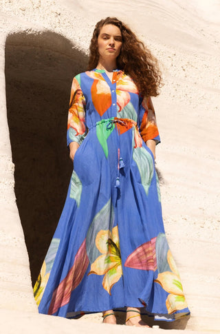 Cinched Shirt Dress Maxi - Hibiscus Blue - obligato