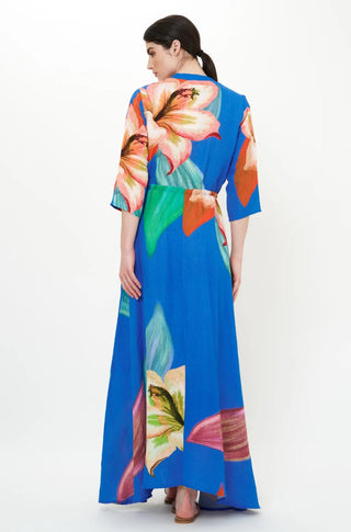 Cinched Shirt Dress Maxi - Hibiscus Blue - obligato