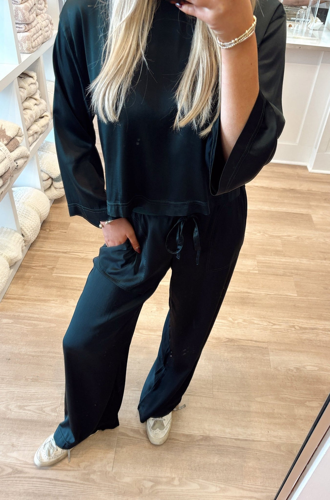 Cosmo Satin Drawstring Pant in Everfull - obligato