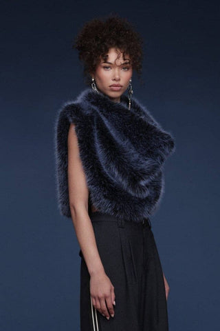 Cowl Neck Faux Fur Crop Top: Blue / M - obligato