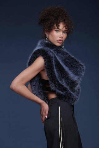 Cowl Neck Faux Fur Crop Top: Blue / M - obligato