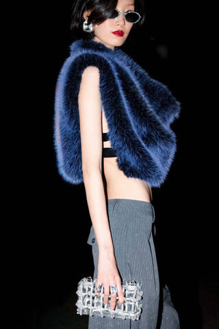 Cowl Neck Faux Fur Crop Top: Blue / M - obligato