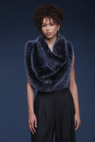 Cowl Neck Faux Fur Crop Top: Blue / S - obligato