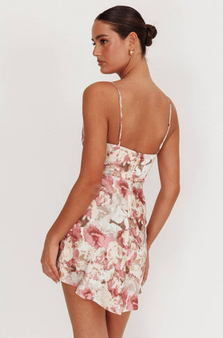 COWL NECK FLORAL MINI DRESS - Sleeveless with Back Zipper: ROSE / - obligato