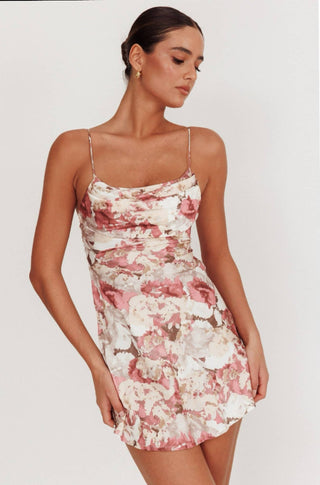 COWL NECK FLORAL MINI DRESS - Sleeveless with Back Zipper: ROSE / - obligato