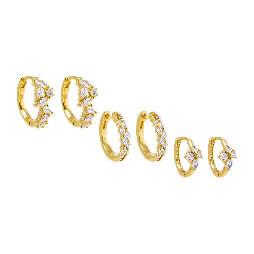 CZ Clusters Huggie Earring Combo Set: Gold - obligato