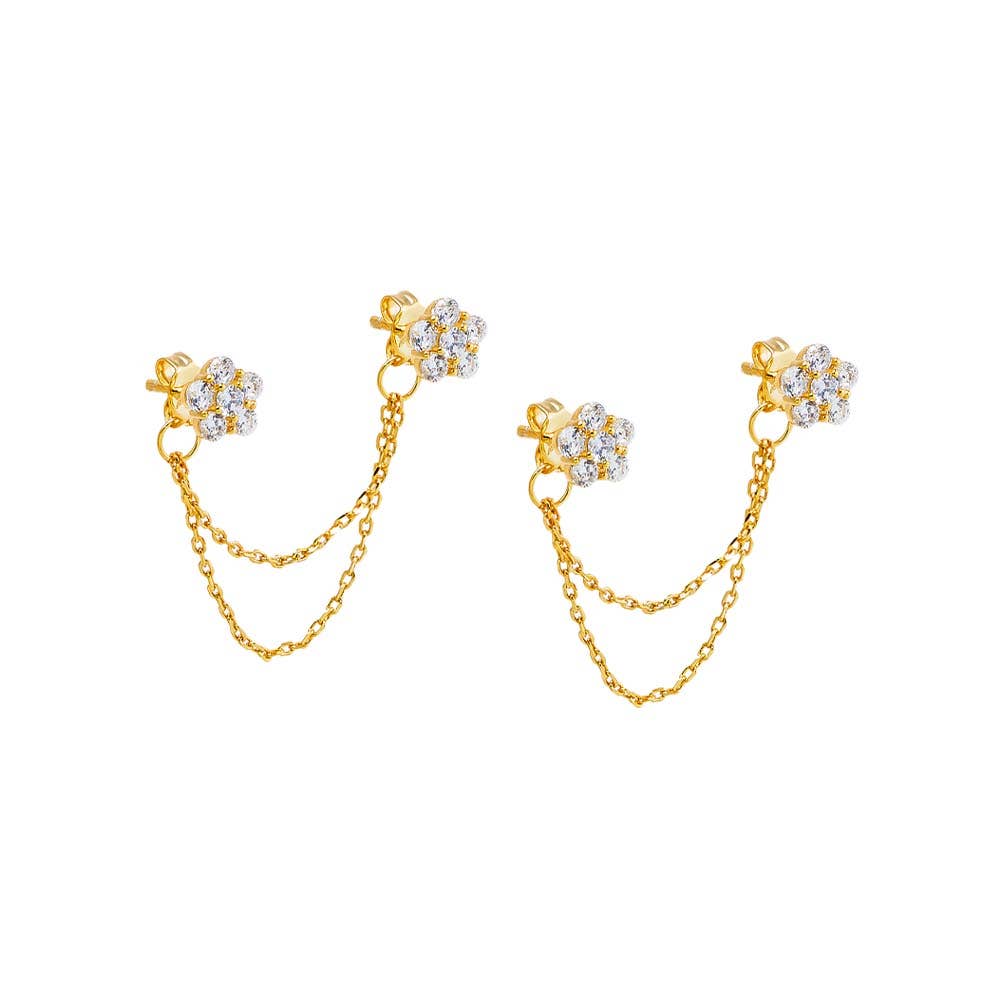CZ Double Flower Chain Stud Earring: Gold - obligato