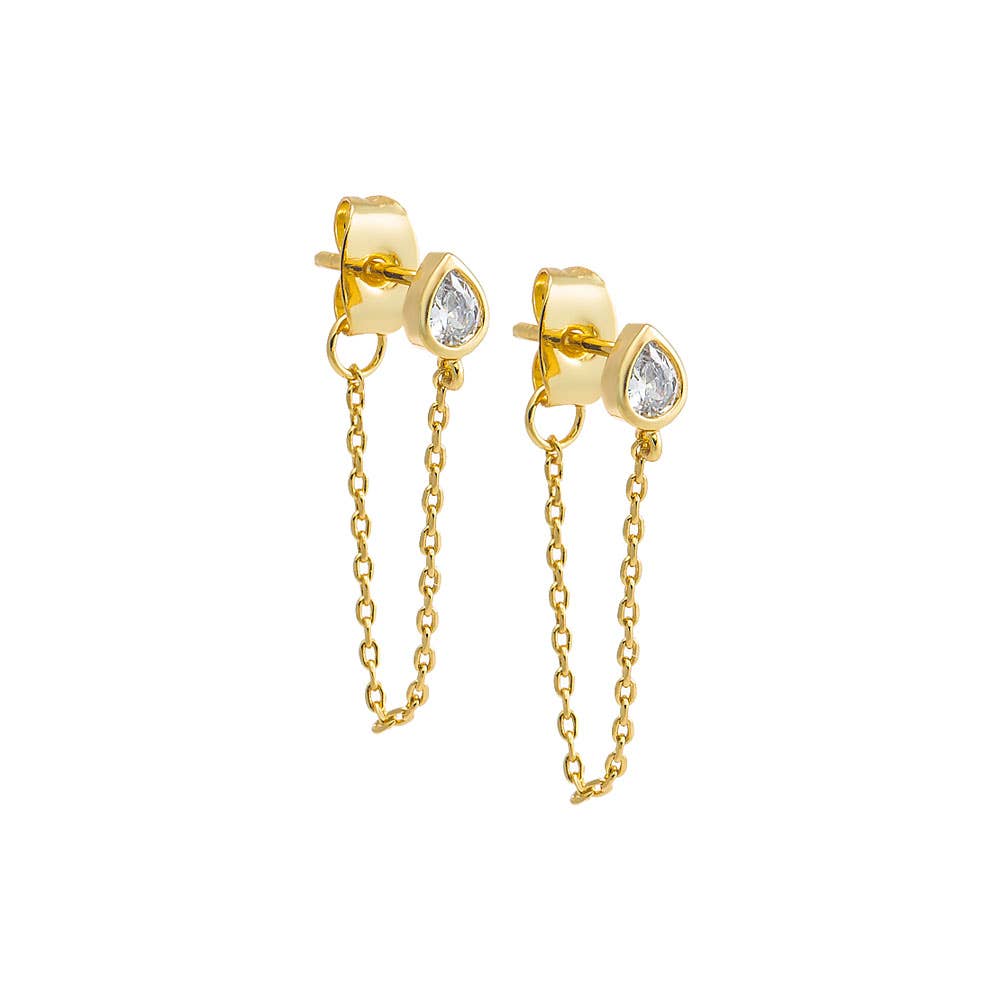 CZ Teardrop Bezel Drop Chain Stud Earring: Gold - obligato