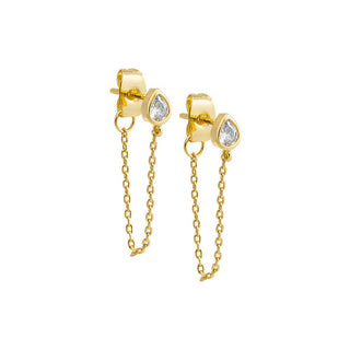 CZ Teardrop Bezel Drop Chain Stud Earring: Gold - obligato