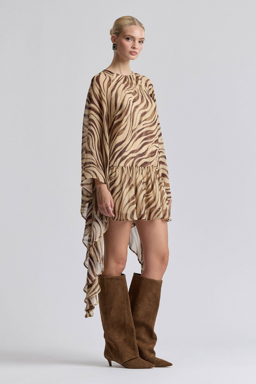 Waterfall Sleeve Zebra Print Crinkle Georgette Mini Dress in Autumn Zebra