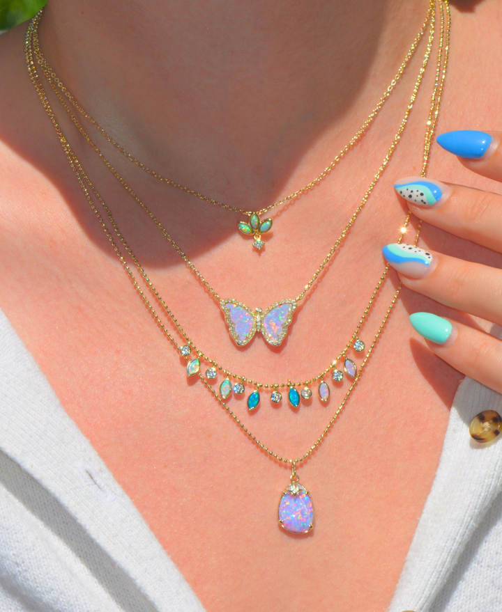 Opal Butterfly Necklace With Crystals: Tangerine Opal / Gold