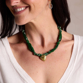 Dark Green Bandana Necklace: Gold Coin Charm / Dark Green - obligato