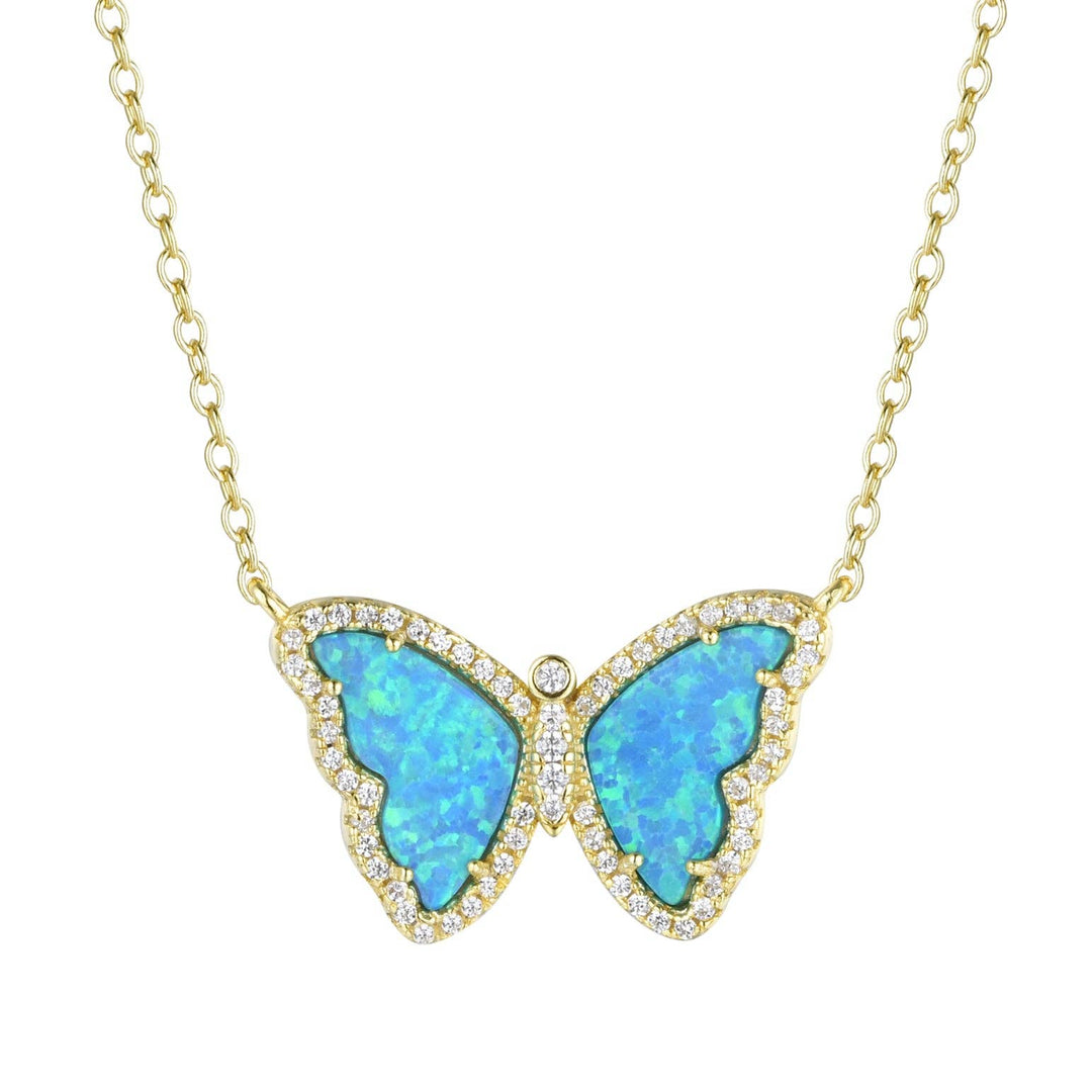 Opal Butterfly Necklace With Crystals: Tangerine Opal / Gold