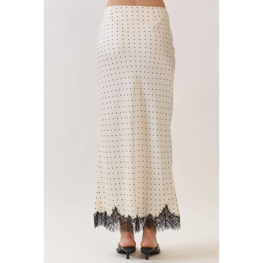 Polka Dot Satin Lace Trim Maxi Skirt in Off white
