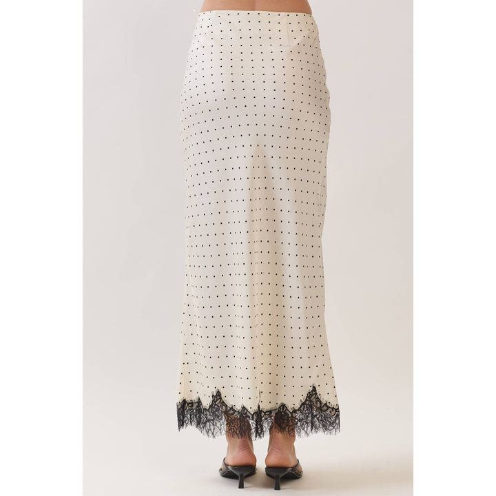 Polka Dot Satin Lace Trim Maxi Skirt in Off white