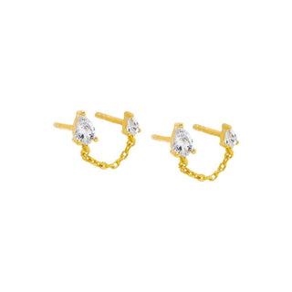 Double CZ Teardrop Chain Stud Earring: Gold - obligato