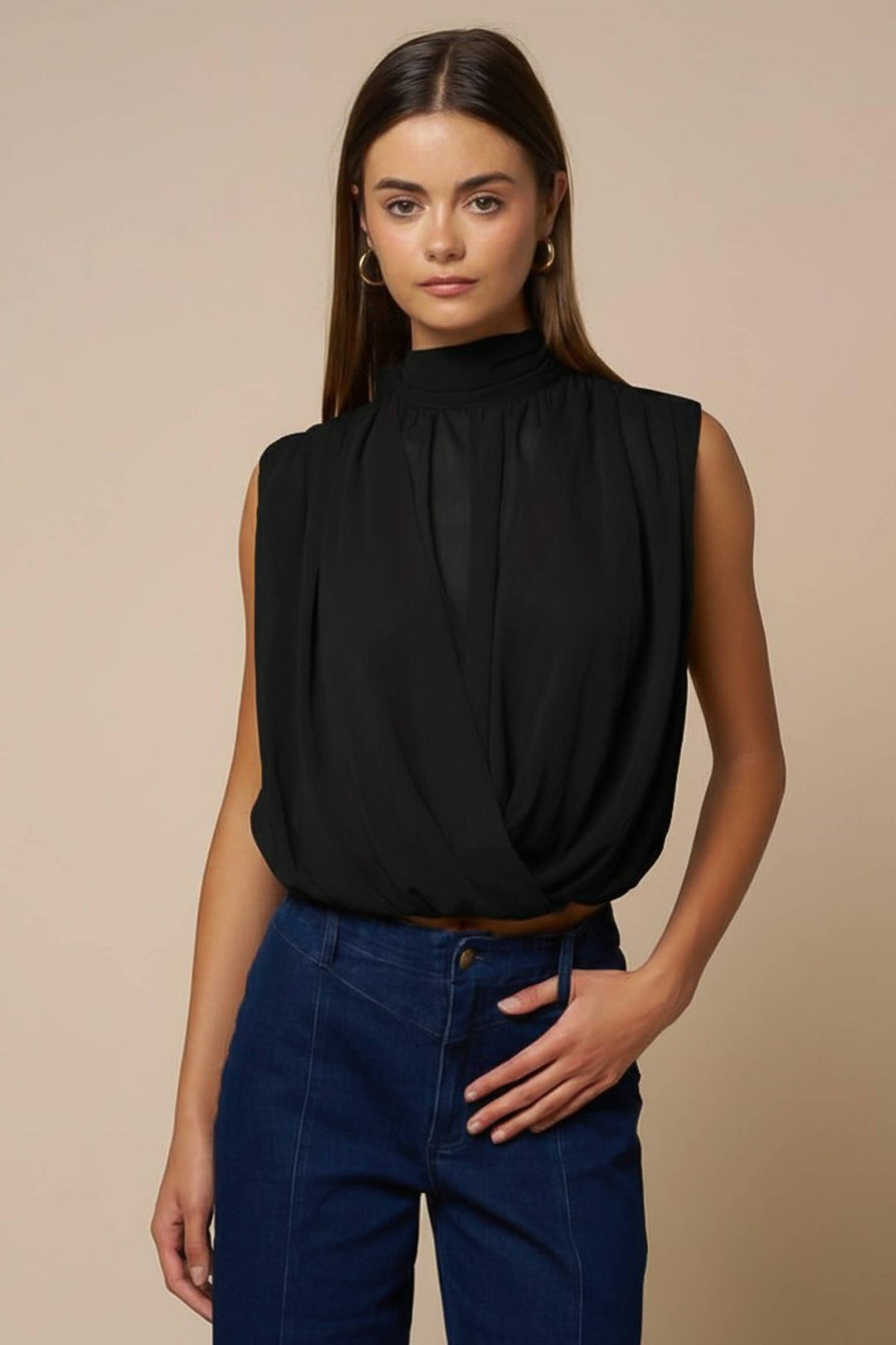 Draped Chiffon Mock Neck Sleeveless Top in Black / S - obligato
