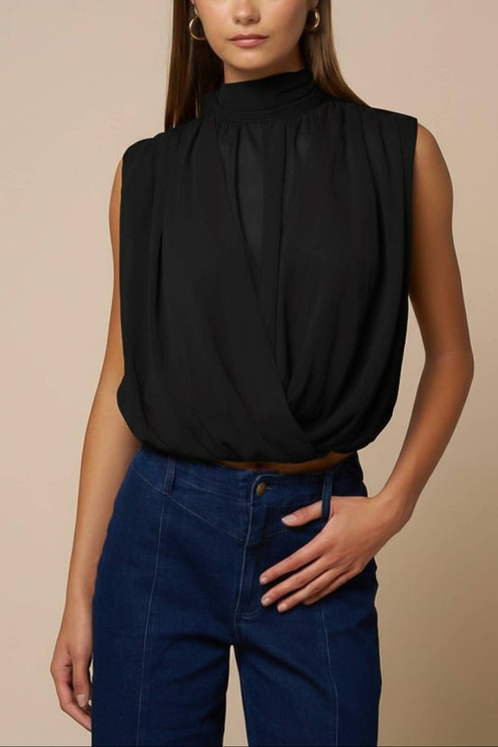 Draped Chiffon Mock Neck Sleeveless Top in Black / S - obligato