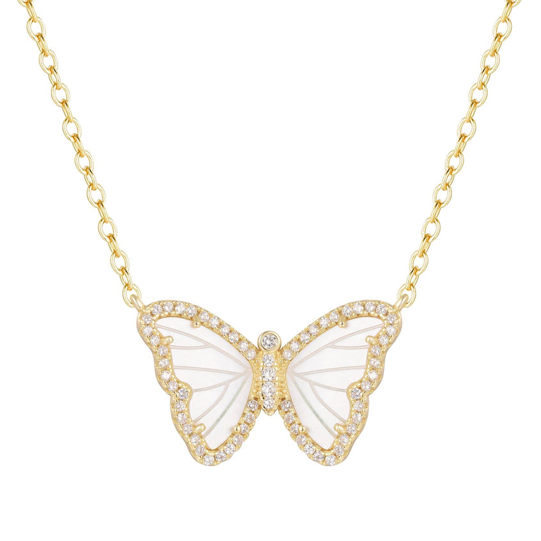 White Pearl Butterfly Necklace With Crystals: Gold