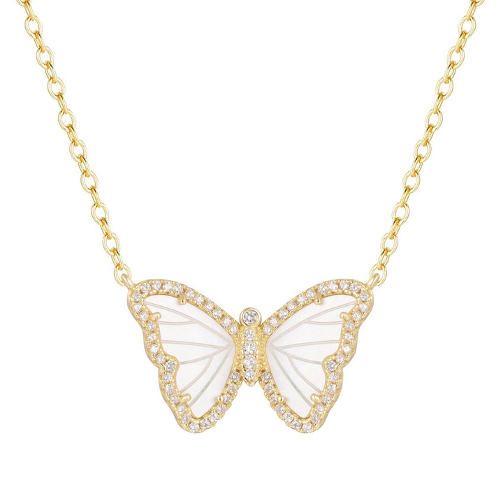 White Pearl Butterfly Necklace With Crystals: Gold