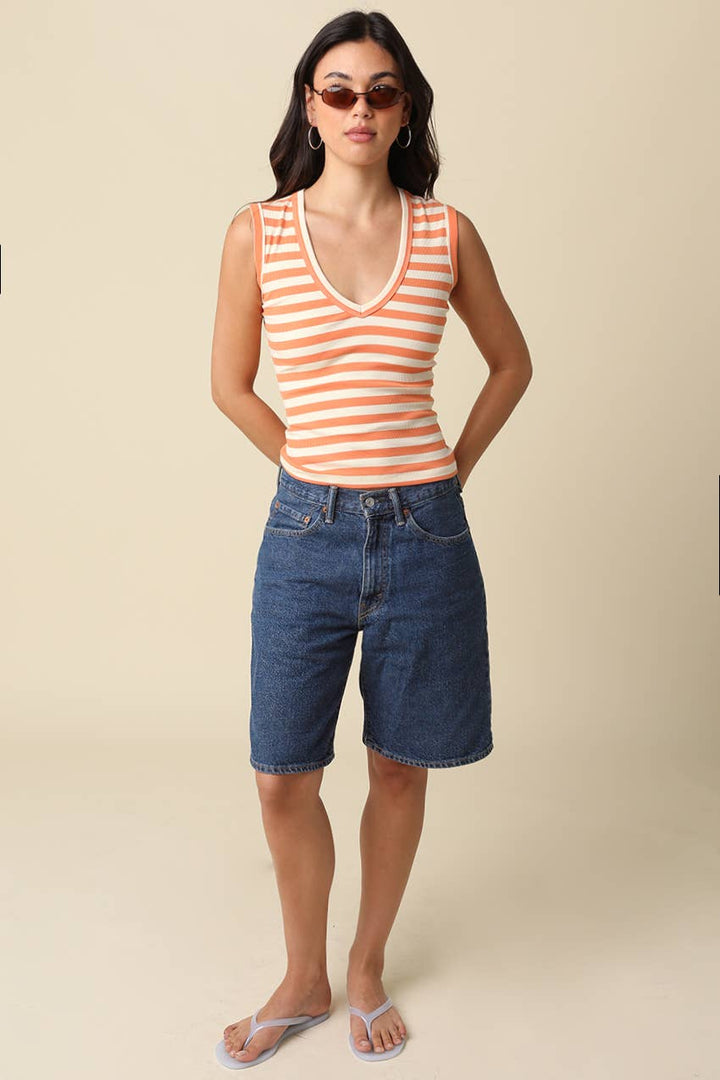 Emma Striped V-Neck Tank Top: Natural Orange / Contemporary /
