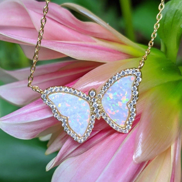 Opal Butterfly Necklace With Crystals: Tangerine Opal / Gold