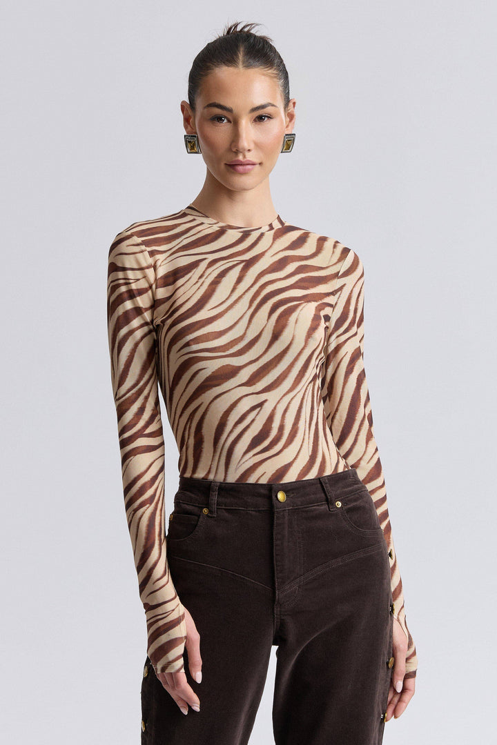 Zebra Stretch Mesh Thumbhole Top in Autumn Zebra