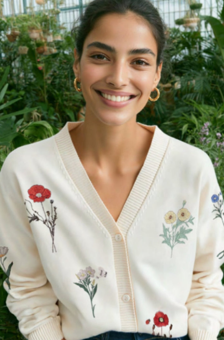 Ecru Cardigan with Floral Embroidery - obligato